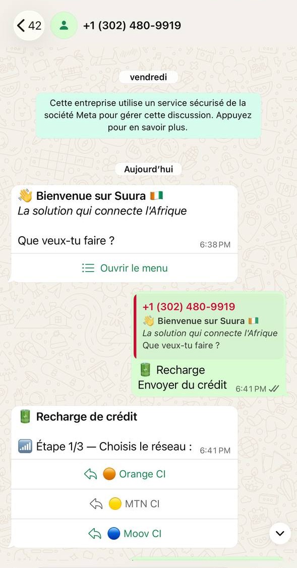 Menu Suura et choix du réseau sur WhatsApp